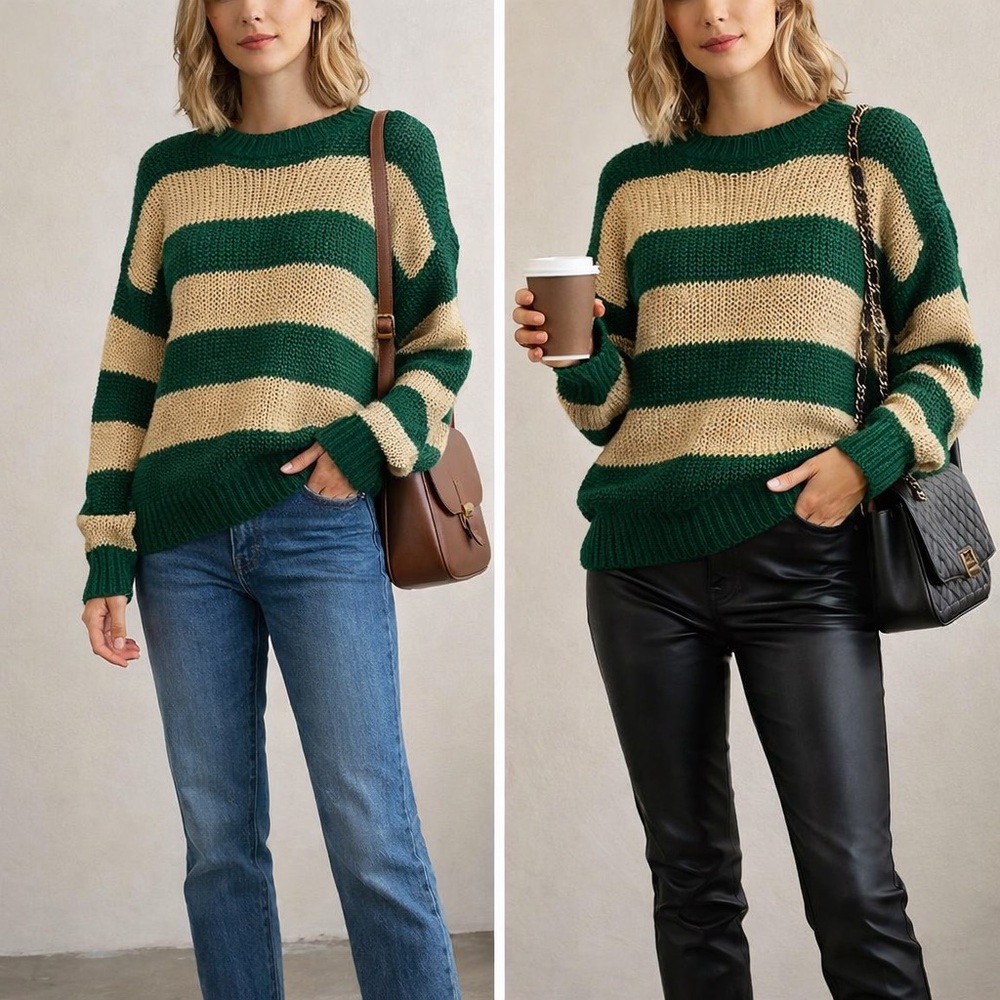 BiBi Green and Cream Striped Chunky Crew Neck Sweater